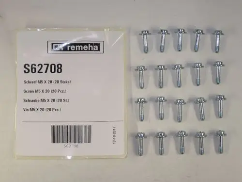 Zwei Nullen Schrauben von Remeha, gleichmäßig angeordnet, auf einem hellen Hintergrund. Verpackung mit Artikelnummer und Beschreibung sichtbar auf der linken Seite.